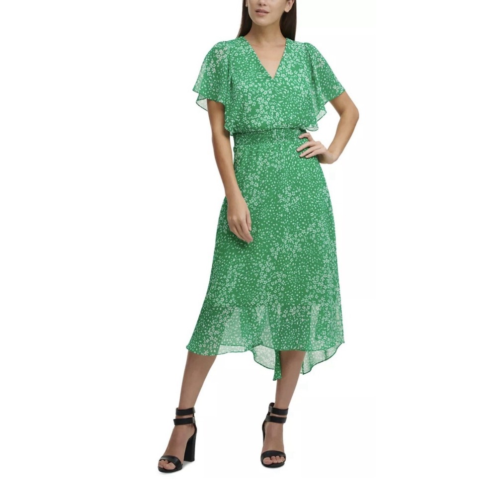 NWT DKNY Women's Flutter Sleeve Green Chiffon V-Neck Midi Dress Size 6, $129